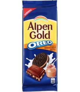 Шоколад Alpen Gold 95 г, молочный шоколад с начинкой со вкусом арахисовой пасты и кусочками печенья