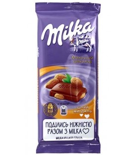 Шоколад Milka 90 г, молочный шоколад с цельным миндалем
