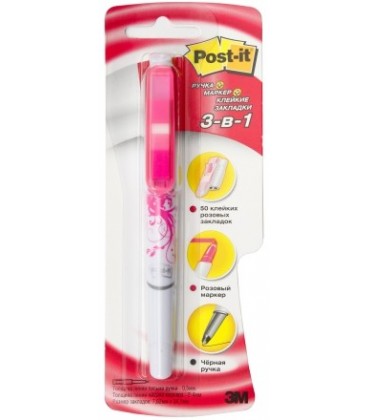 Ручка-маркер-клейкие закладки 3в1 Post-it цвет маркера и закладок - розовый