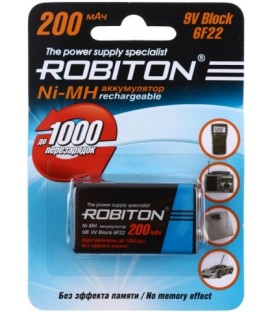 Аккумулятор Robiton 9V, 6F22, 200 mAh (1 шт. в упаковке)