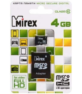 Карта памяти micro Mirex class 10 micro SDНС, class 10, 4Gb + переходник на SD