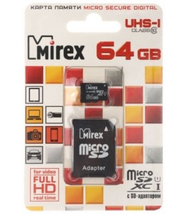 Карта памяти micro Mirex class 10 micro SDНС, class 10, 64Gb + переходник на SD