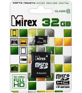 Карта памяти micro Mirex class 10 micro SDНС, class 10, 32Gb + переходник на SD