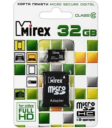 Карта памяти micro Mirex class 10 micro SDНС, class 10, 32Gb + переходник на SD