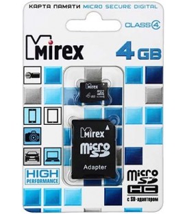 Карта памяти micro SDHC Mirex class 4 micro SDНС, class 4, 4Gb + переходник на SD
