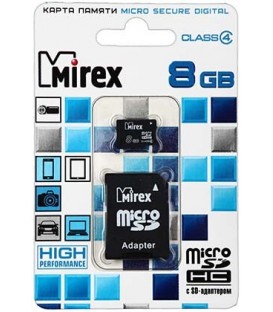 Карта памяти micro SDHC Mirex class 4 micro SDНС, class 4, 8Gb + переходник на SD