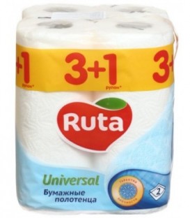 Полотенца бумажные Ruta (в рулоне) 4 рулона, ширина 230 мм, Universal, белые
