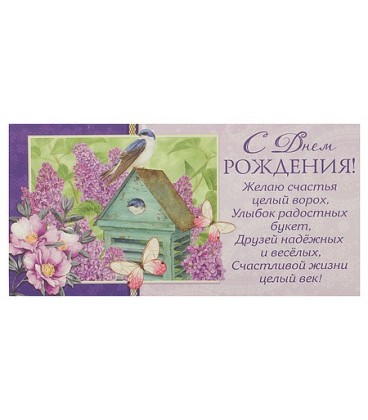 Открытка-конверт поздравительная Fiesta 85*165 мм, «С Днем Рождения» (птичка, цветы, бабочки)