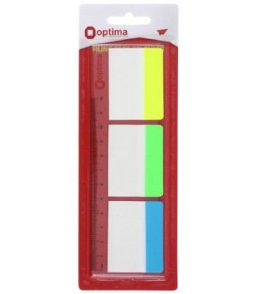 Закладки-разделители пластиковые с липким краем Optima 38*50 мм, 10 л.*3 цвета, неон + линейка 12 см